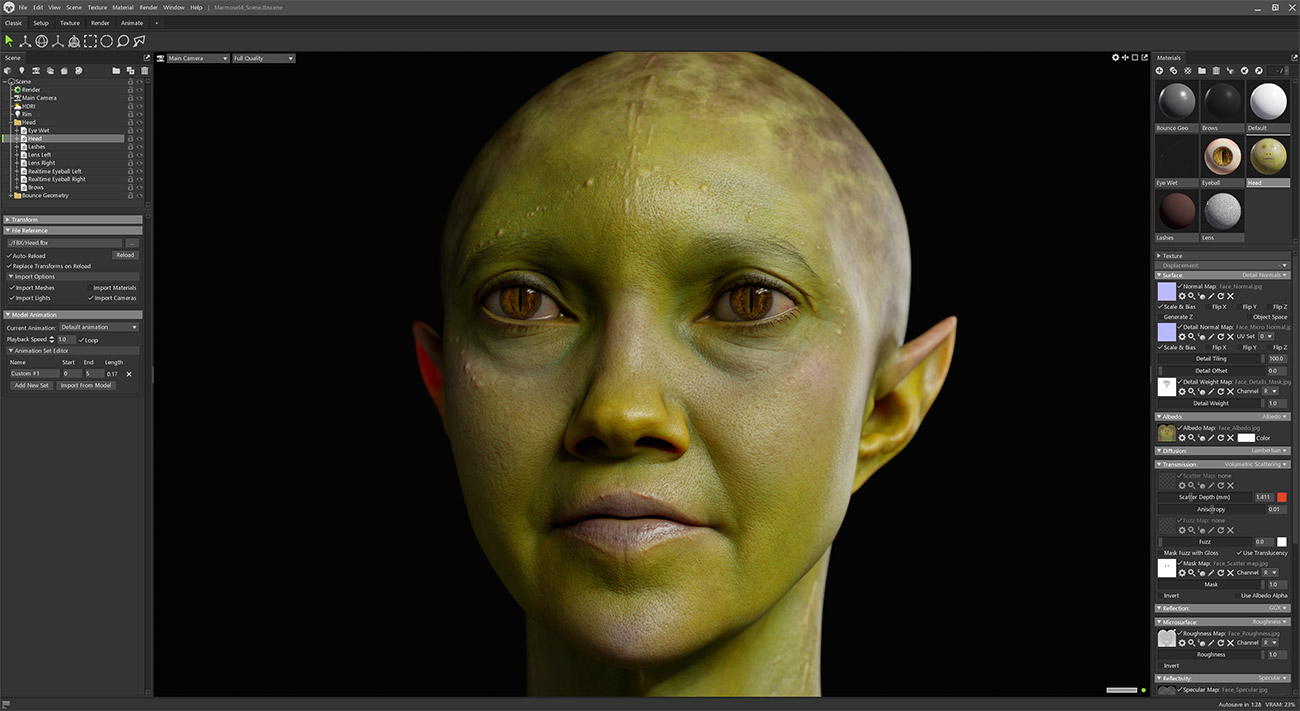 Marmoset Toolbag Render Scene with skin shader and lighting